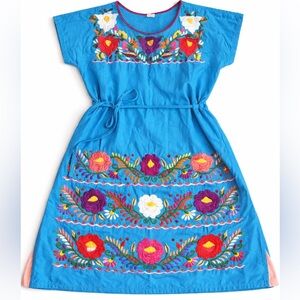 Vintage Mexican Embroidered Cotton Dress Turquoise Floral Size M